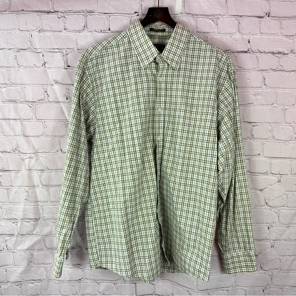 james tattersall Green plaid Checkered Mens XL cotton button up Shirt office